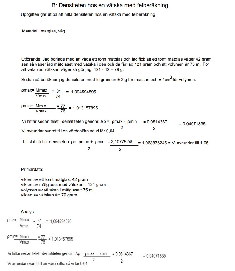 FYSIK 1 LABORATION (Densitet, Tyngd, Felberäkning) (Fysik/Fysik 1 ...