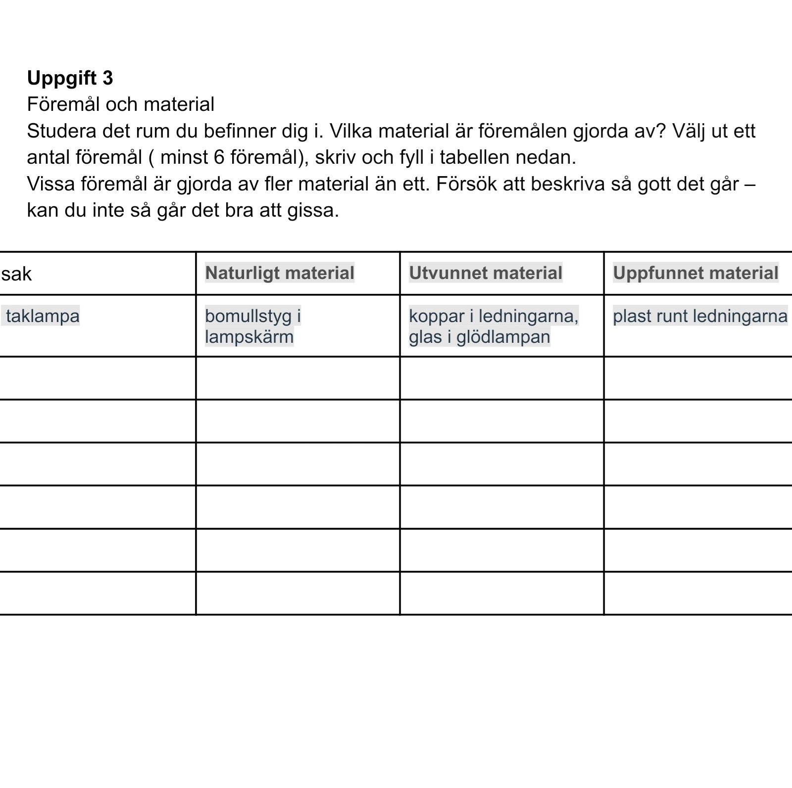 Material Och Föremål - Ange Föremål Och Beskriv Vilka Material Dessa ...