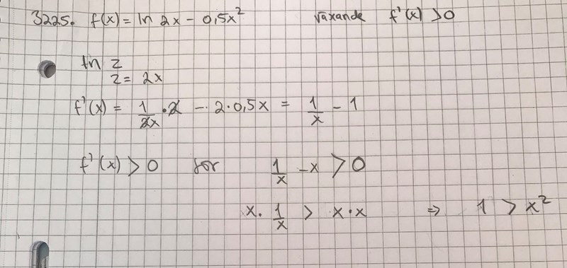 I vilket intervall är funktionen f(x)= ln 2x - 0,5x^2 växande?  (Matematik/Matte 4/Derivata) – Pluggakuten